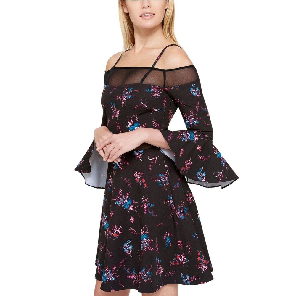 GUESS Womens Romantic Whimsigoth Punk Floral LBD Bell Sleeve Dress 4 Black NEW